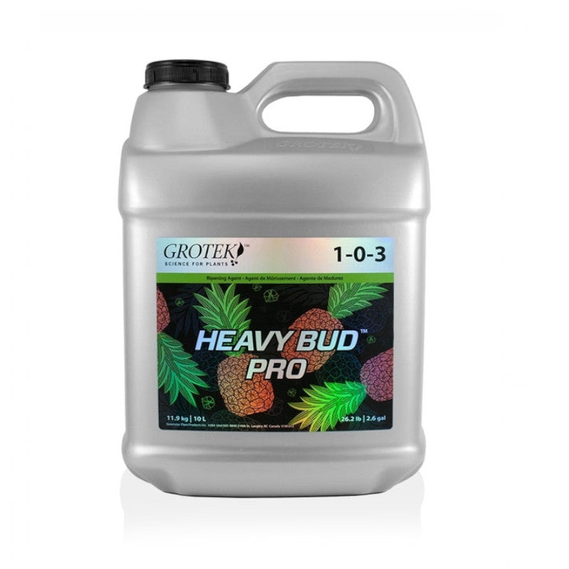 Heavy Bud Pro 10L bloom enhancer with plant-based sugars supporting flower density and fruit quality"